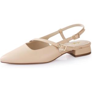 imageAnkis Slingback Flats for Women 1Inch Low Heels Closed Pointed Toe Ankle Strap Pumps Comfortable Walking Wedding Party Dress ShoesApricot Pu