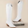 imageAnkis Cowboy Boots for Women Wide Calf Cowgirl Boots Comfortable Knee High Chunky Heel Embroidered Western White Black Pull On Tall Boot Retro Poitned Toe Fall Winter ShoesWhite