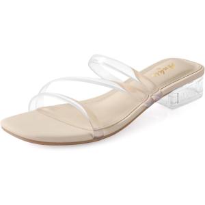 imageAnkis Black Nude White Strappy Heels Women 1 Inch Low Chunky Block Heel Heeled Sandals Square Open Toe Slip On Slides MulesClear