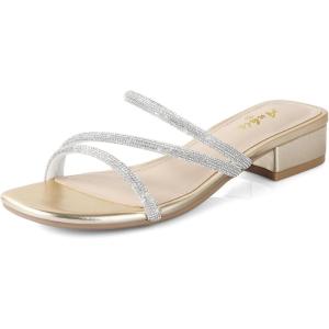 imageAnkis Black Nude White Strappy Heels Women 1 Inch Low Chunky Block Heel Heeled Sandals Square Open Toe Slip On Slides MulesGold Purhinestone