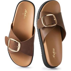 imageBrown Black White Flat Sandals for Women 2025Wide Width Leather Sandals for Women Comfortable DressyWomens Summer Beach Sandals with Adjustable Strap and BuckleBrown