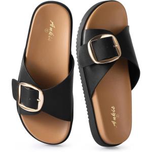 imageBrown Black White Flat Sandals for Women 2025Wide Width Leather Sandals for Women Comfortable DressyWomens Summer Beach Sandals with Adjustable Strap and BuckleBlack