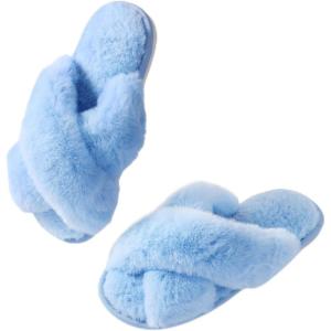 imageAnkis Womens Fuzzy Memory Foam Slippers Cross Band Cozy Plush Home Slippers Fluffy Furry Open Toe House Shoes Indoor Outdoor Slide SlipperBlue