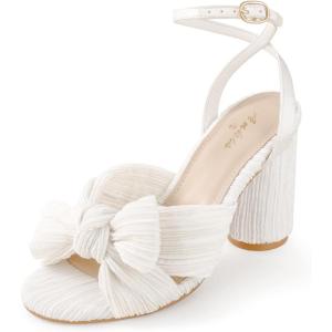 imageAnkis White Gold Bow Heel Chunky Wedding Shoes for Bride 315 Inch High Heel Open Toe Ankle Buckle Strap Dressy Pleated Kont Women Shoe Party Graduation Event SummerWhite