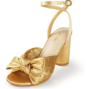 imageAnkis White Gold Bow Heel Chunky Wedding Shoes for Bride 315 Inch High Heel Open Toe Ankle Buckle Strap Dressy Pleated Kont Women Shoe Party Graduation Event SummerGold