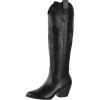 imageAnkis Cowboy Boots for Women Wide Calf Cowgirl Boots Comfortable Knee High Chunky Heel Embroidered Western White Black Pull On Tall Boot Retro Poitned Toe Fall Winter ShoesBlack