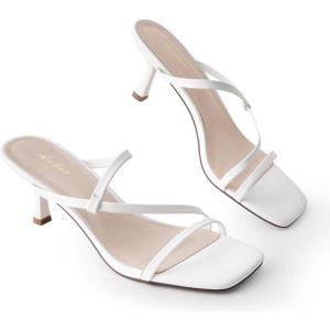 imageAnkis Womens Strappy Kitten Heels Square Open Toe 225 Inch Heeled Sandals Slip On Slides MulesWhite Pu
