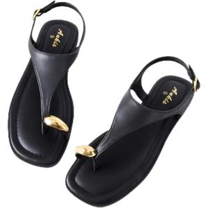imageWomens Toe Ring Thong Sandals Square Open Toe Flat Sandals Adjustable Ankle Buckle Strap Comfort Summer Beach Casual Walking Flip Flops for WomenBlack