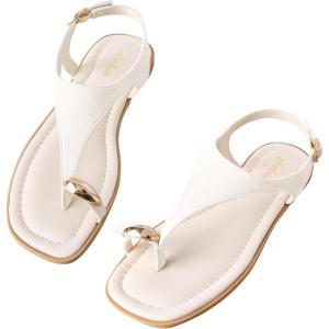 imageWomens Toe Ring Thong Sandals Square Open Toe Flat Sandals Adjustable Ankle Buckle Strap Comfort Summer Beach Casual Walking Flip Flops for WomenWhite