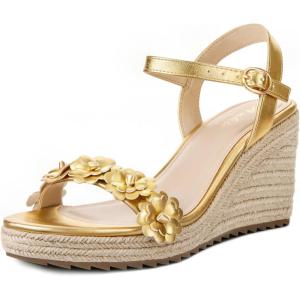 imageAnkis Platform Wedge Sandals for Women Black Brown White Nude Espadrille Womens Wedge Sandals Comfortable Open Toe Ankle Strap High Heel Wedges for Women Dressy Summer 34InchGold Pu Flower