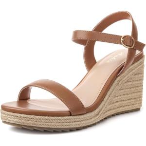 imageAnkis Platform Wedge Sandals for Women Black Brown White Nude Espadrille Womens Wedge Sandals Comfortable Open Toe Ankle Strap High Heel Wedges for Women Dressy Summer 34InchBrown Pu