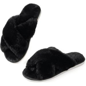 imageAnkis Womens Fuzzy Slippers Cross Band Memory Foam Open Toe Comfy Soft House Shoes AntiSlip Indoor Outdoor Gifts for WomenBlack