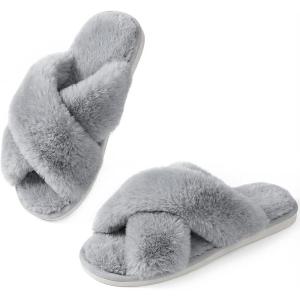 imageAnkis Womens Fuzzy Slippers Cross Band Memory Foam Open Toe Comfy Soft House Shoes AntiSlip Indoor Outdoor Gifts for WomenGrey