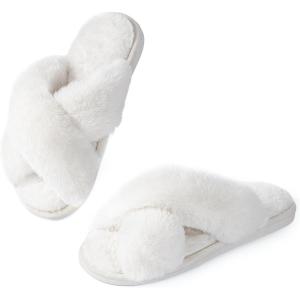 imageAnkis Womens Fuzzy Slippers Cross Band Memory Foam Open Toe Comfy Soft House Shoes AntiSlip Indoor Outdoor Gifts for WomenPure White