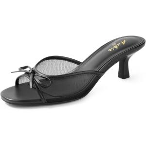 imageAnkis Womens Kitten Heel Sandals Square Open Toe Bow Mules Backless Slip On Comfortable Dress Heels for Party DailyBlack Nubuck