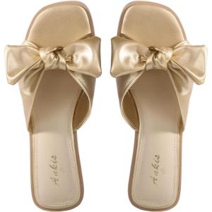 imageWhite Sandals Womens Bow Flat Sandals Dressy  Cute Summer Beach Sandals for Women 2026 Square Open Toe Comfortable Slip On Slide Sandals Bride Wedding Bridal Dress Shoes Slippers Balck Pink Gold NudeGold