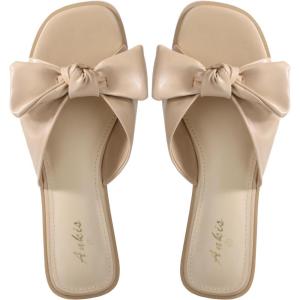 imageWhite Sandals Womens Bow Flat Sandals Dressy  Cute Summer Beach Sandals for Women 2026 Square Open Toe Comfortable Slip On Slide Sandals Bride Wedding Bridal Dress Shoes Slippers Balck Pink Gold NudeNude