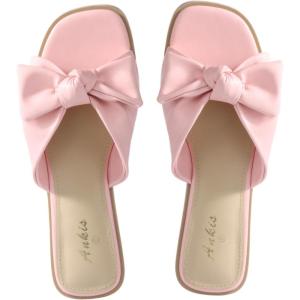 imageWhite Sandals Womens Bow Flat Sandals Dressy  Cute Summer Beach Sandals for Women 2026 Square Open Toe Comfortable Slip On Slide Sandals Bride Wedding Bridal Dress Shoes Slippers Balck Pink Gold NudePink