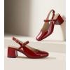 imageAnkis Womens Mary Jane Heels Slingback Chunky Low Heels Square Toe Dress Pumps for Office Wedding PartyBurgundy Patent
