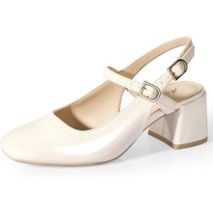 imageAnkis Womens Mary Jane Heels Slingback Chunky Low Heels Square Toe Dress Pumps for Office Wedding PartyBeige Patent