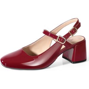 imageAnkis Womens Mary Jane Heels Slingback Chunky Low Heels Square Toe Dress Pumps for Office Wedding PartyBurgundy Patent