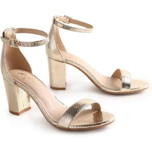 imageAnkis Heels for Women Open Toe Ankle Strap Chunky Heel Sandals 275 InchMetallic Gold Faux Snake