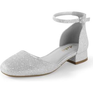 imageAnkis Silver Closed Toe Heels for Women 1 Inch Womens Flats Low Block Heel Women Dress Shoes Womens Pumps Work Shoes with Ankle Strap for Spring Fall