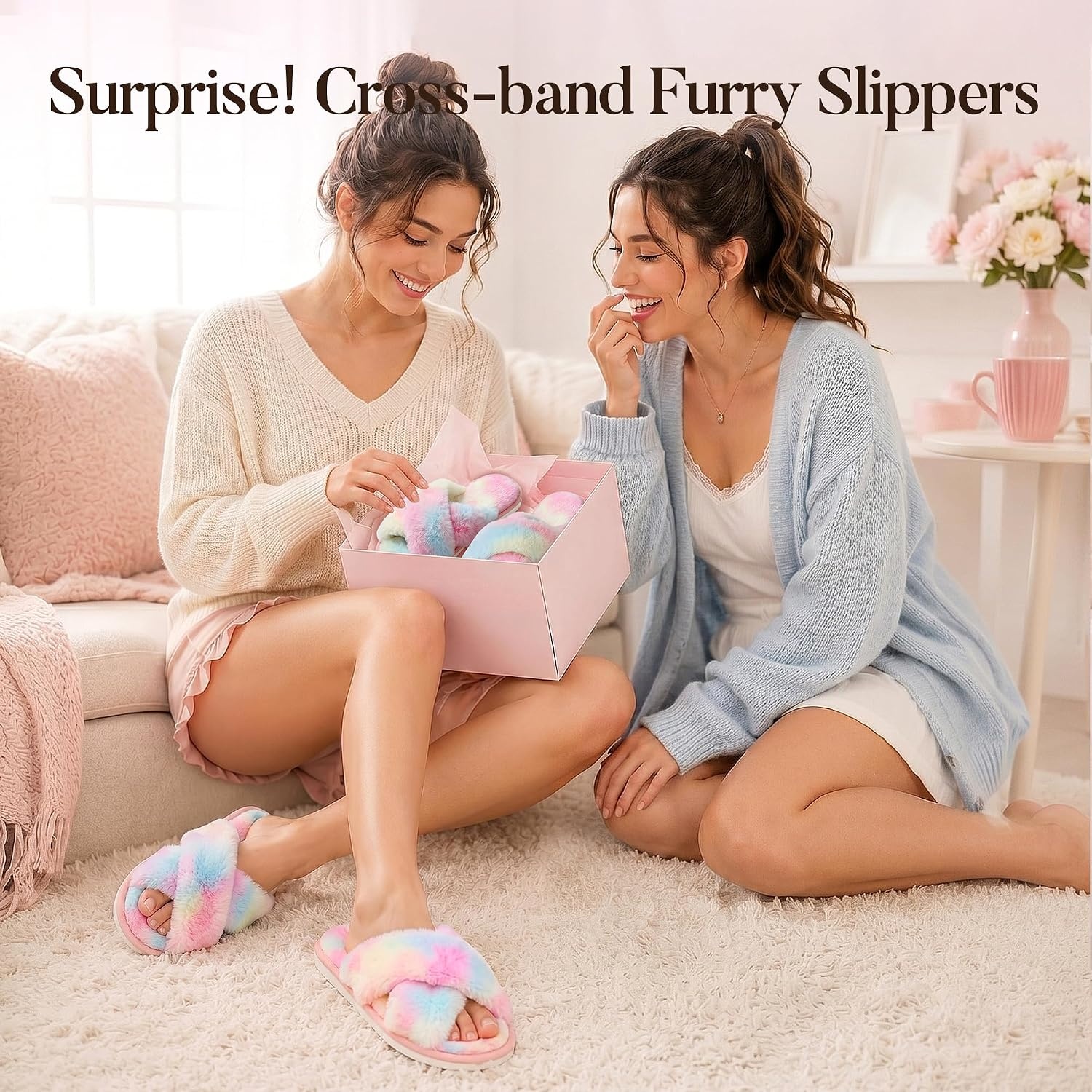 image:imageAnkis Womens Fuzzy Slippers Cross Band Memory Foam Open Toe Comfy Soft House Shoes AntiSlip Indoor Outdoor Gifts for WomenMulticolor