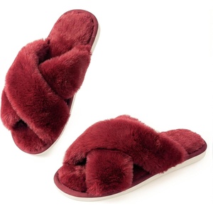 image:imageAnkis Memory Foam Fuzzy Slippers for WomenOpen Toe House Shoes  Faux Fur Cross BandIndoor Outdoor Slippers AntiSlip Comfy Cozy Fluffy Gifts for Women Mom Bride BridesmaidsRed