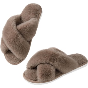 image:imageAnkis Memory Foam Fuzzy Slippers for WomenOpen Toe House Shoes  Faux Fur Cross BandIndoor Outdoor Slippers AntiSlip Comfy Cozy Fluffy Gifts for Women Mom Bride BridesmaidsGrayish Coffee