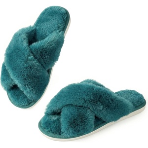 image:imageAnkis Memory Foam Fuzzy Slippers for WomenOpen Toe House Shoes  Faux Fur Cross BandIndoor Outdoor Slippers AntiSlip Comfy Cozy Fluffy Gifts for Women Mom Bride BridesmaidsGreen