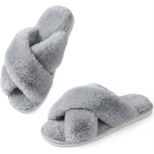 image:imageAnkis Memory Foam Fuzzy Slippers for WomenOpen Toe House Shoes  Faux Fur Cross BandIndoor Outdoor Slippers AntiSlip Comfy Cozy Fluffy Gifts for Women Mom Bride BridesmaidsGrey