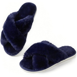 image:imageAnkis Memory Foam Fuzzy Slippers for WomenOpen Toe House Shoes  Faux Fur Cross BandIndoor Outdoor Slippers AntiSlip Comfy Cozy Fluffy Gifts for Women Mom Bride BridesmaidsNavy