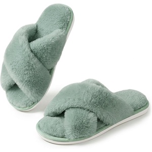 image:imageAnkis Memory Foam Fuzzy Slippers for WomenOpen Toe House Shoes  Faux Fur Cross BandIndoor Outdoor Slippers AntiSlip Comfy Cozy Fluffy Gifts for Women Mom Bride BridesmaidsSage Green