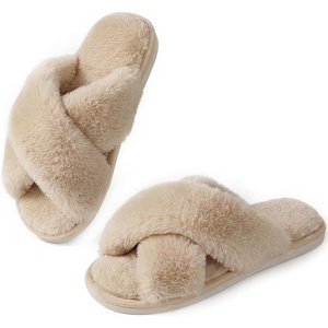 image:imageAnkis Memory Foam Fuzzy Slippers for WomenOpen Toe House Shoes  Faux Fur Cross BandIndoor Outdoor Slippers AntiSlip Comfy Cozy Fluffy Gifts for Women Mom Bride BridesmaidsCamel