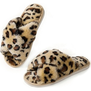 image:imageAnkis Memory Foam Fuzzy Slippers for WomenOpen Toe House Shoes  Faux Fur Cross BandIndoor Outdoor Slippers AntiSlip Comfy Cozy Fluffy Gifts for Women Mom Bride BridesmaidsLeopard Brown