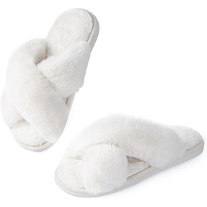 image:imageAnkis Memory Foam Fuzzy Slippers for WomenOpen Toe House Shoes  Faux Fur Cross BandIndoor Outdoor Slippers AntiSlip Comfy Cozy Fluffy Gifts for Women Mom Bride BridesmaidsPure White