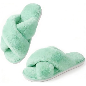 image:imageAnkis Memory Foam Fuzzy Slippers for WomenOpen Toe House Shoes  Faux Fur Cross BandIndoor Outdoor Slippers AntiSlip Comfy Cozy Fluffy Gifts for Women Mom Bride BridesmaidsMint Green