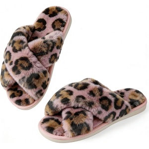 image:imageAnkis Memory Foam Fuzzy Slippers for WomenOpen Toe House Shoes  Faux Fur Cross BandIndoor Outdoor Slippers AntiSlip Comfy Cozy Fluffy Gifts for Women Mom Bride BridesmaidsPink Leopard