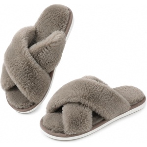 image:imageAnkis Memory Foam Fuzzy Slippers for WomenOpen Toe House Shoes  Faux Fur Cross BandIndoor Outdoor Slippers AntiSlip Comfy Cozy Fluffy Gifts for Women Mom Bride BridesmaidsLight Coffee