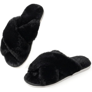 image:imageAnkis Memory Foam Fuzzy Slippers for WomenOpen Toe House Shoes  Faux Fur Cross BandIndoor Outdoor Slippers AntiSlip Comfy Cozy Fluffy Gifts for Women Mom Bride BridesmaidsBlack