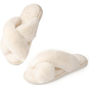 image:imageAnkis Memory Foam Fuzzy Slippers for WomenOpen Toe House Shoes  Faux Fur Cross BandIndoor Outdoor Slippers AntiSlip Comfy Cozy Fluffy Gifts for Women Mom Bride BridesmaidsWhite