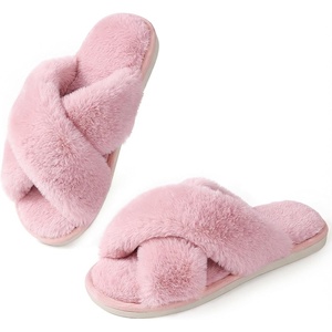 image:imageAnkis Memory Foam Fuzzy Slippers for WomenOpen Toe House Shoes  Faux Fur Cross BandIndoor Outdoor Slippers AntiSlip Comfy Cozy Fluffy Gifts for Women Mom Bride BridesmaidsPink