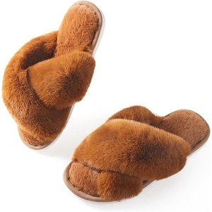 image:imageAnkis Memory Foam Fuzzy Slippers for WomenOpen Toe House Shoes  Faux Fur Cross BandIndoor Outdoor Slippers AntiSlip Comfy Cozy Fluffy Gifts for Women Mom Bride BridesmaidsBrown