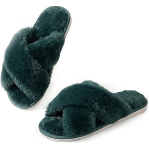 image:imageAnkis Memory Foam Fuzzy Slippers for WomenOpen Toe House Shoes  Faux Fur Cross BandIndoor Outdoor Slippers AntiSlip Comfy Cozy Fluffy Gifts for Women Mom Bride BridesmaidsDark Green