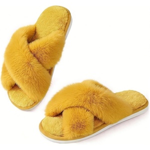 image:imageAnkis Memory Foam Fuzzy Slippers for WomenOpen Toe House Shoes  Faux Fur Cross BandIndoor Outdoor Slippers AntiSlip Comfy Cozy Fluffy Gifts for Women Mom Bride BridesmaidsYellow