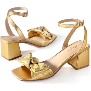 image:imageAnkis Women White Blue Gold Bow Square Open Toe Chunky Heel Wedding Sandals  Bow shape225inch heel adjustable ankle strap memory foam nonslip outsole allday comfort for wedding bride promGold