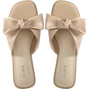 image:imageAnkis Womens Bow Flat Sandals Square Open Toe Dressy Comfortable Slides  Wedding Graduation Dressy Summer Beach Vacation Comfortable Slip On Slide SandalsNude