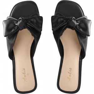 image:imageAnkis Womens Bow Flat Sandals Square Open Toe Dressy Comfortable Slides  Wedding Graduation Dressy Summer Beach Vacation Comfortable Slip On Slide SandalsBlack