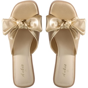 image:imageAnkis Womens Bow Flat Sandals Square Open Toe Dressy Comfortable Slides  Wedding Graduation Dressy Summer Beach Vacation Comfortable Slip On Slide SandalsGold
